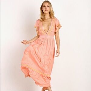 Anthropology Cleobella Coral Maxi Dress with Mustard Details